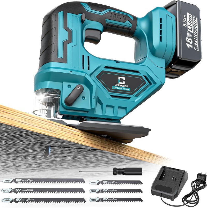 Cerycose Jigsaw Compatible With Makita 18V Battery, Cordless jig saw tool, 0°- 45° Bevel Cuts, LED Light with 3 Position Orbital Setting for Cutting (With 5Ah Battery & Charger Station Kit) - Image 1